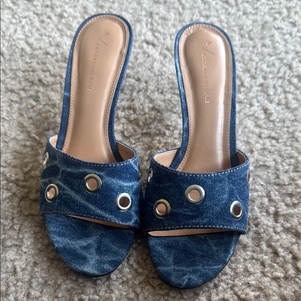 Anthropologie Blue Suede Mules with Gold Embellishments